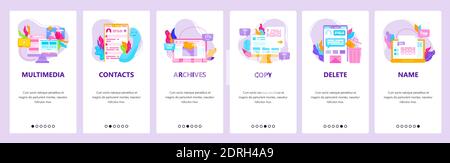 Data management, actions with file. Contacts, archive, copy, delete. Mobile app screens, vector website banner template. Stock Vector