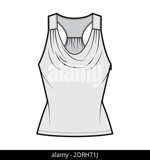 Tank racerback cowl top technical fashion illustration with ruching, fitted body, tunic length. Flat apparel outwear shirt template front, grey color. Women, men unisex CAD mockup Stock Vector