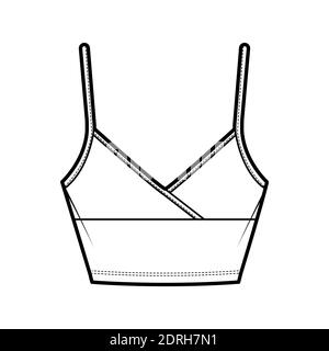 Crop Camisole surplice tank cotton-jersey top technical fashion illustration with empire seam, thin adjustable straps, slim fit. Flat outwear template front, white color. Women men CAD mockup Stock Vector