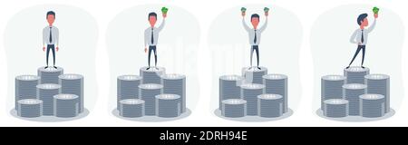 Rich businessman character hold money on the top of a pile of money. Stock Vector