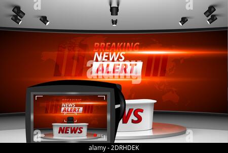 camera and white table on breaking news alert in led screen background in the news studio room Stock Vector