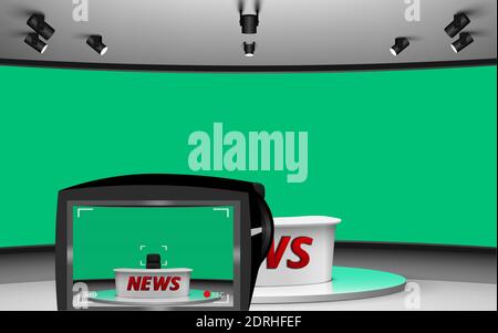 camera and white table on green background in the news studio room Stock Vector