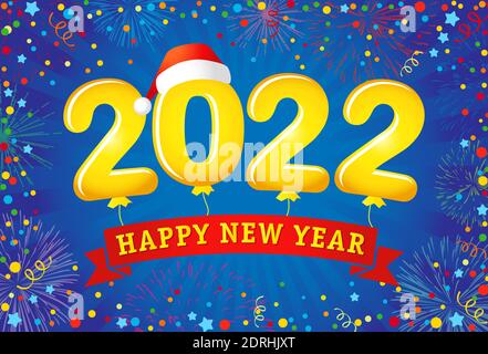 2022 A Happy New Year sign, congrats concept. Creative 3D logotype. Confetti and fireworks. Abstract isolated graphic design template. Decorative ball Stock Vector