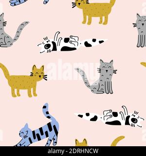 Cat funny seamless pattern isolated on pink background. Hand drawn Scandinavian style vector illustration. Stock Vector