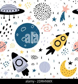 Space seamless pattern with spaceships, planets, moon, stars, stardust, galaxies and abstract elements. Hand drawn Scandinavian style vector illustrat Stock Vector