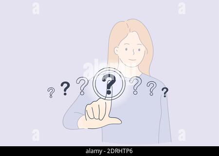 Question mark button concept. Young woman standing and choosing one of question marks touching with finger on screen vector illustration Stock Vector
