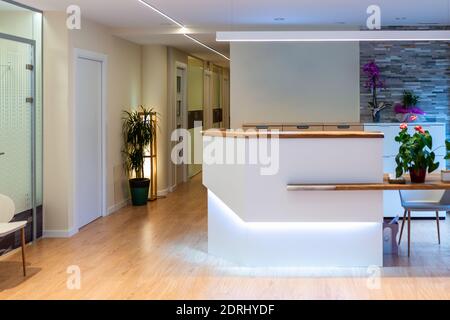 Reception area with reception desk in physioterapy, gym fitness and heatlh center Stock Photo