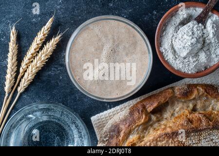 Yeast-free sourdough bread, flour, water and glass jar with dough leaven on the table. Preparing yeast dough for bread, buns, pastries or pizza, close Stock Photo