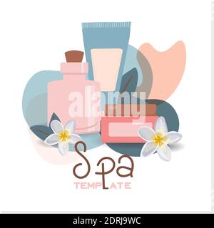 Relaxing spa set on white background, close up. Cosmetics advertising illustration, simple and healthy skin care concept, product layout. Advertising Stock Vector