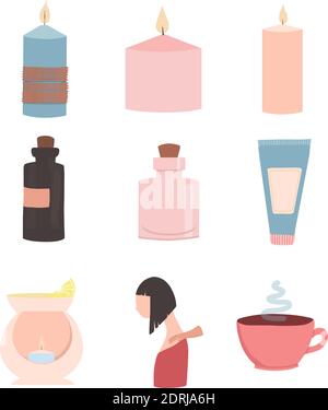 Set of flat vector illustrations of spa service. Items for spa treatments. Wellness center package of procedures and equipment. Hot stone massage, foo Stock Vector