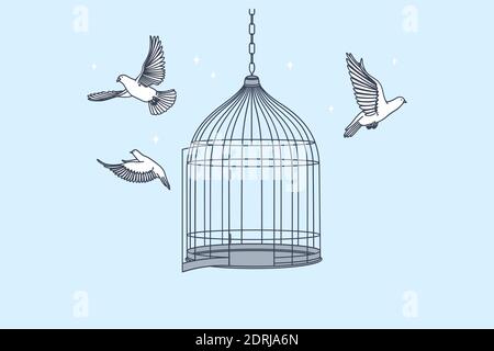 New opportunities, freedom, mental development concept. Open cage with flying from inside doves birds meaning getting freedom of mind and body illustr Stock Vector