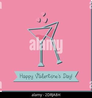 Valentine's day square card. glasses with martini. Hearts. Romantic poster. Vector illustration. Stock Vector