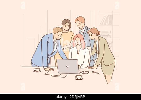 Teamwork, collaboration, business team concept. Group of positive business workers working together at laptop in office and discussing corporate proje Stock Vector