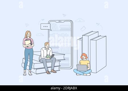 Online library and elearning concept. Group of young students cartoon characters learning online, reading e-books and studying with smartphones and la Stock Vector