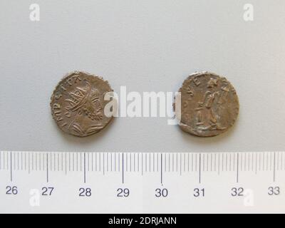 Ruler: Tetricus I, Emperor of Gaul, ca. 213–276, ruled 271–74, Coin of Tetricus I, Emperor of the Gallic Empire, 271–74, Base, 2.74 g, 1:00, 17 mm, Made in Roman Empire, Roman, 3rd century A.D., Numismatics Stock Photo