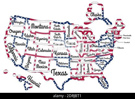 Map of the United States of America with state names. The borders of each state is colored with USA flag colors. Artwork design. Vector isolated on wh Stock Vector