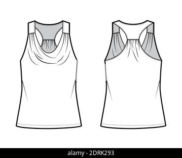 Tank racerback cowl top technical fashion illustration with ruching, oversized, tunic length. Flat apparel outwear shirt template front, back, white color. Women, men unisex CAD mockup Stock Vector