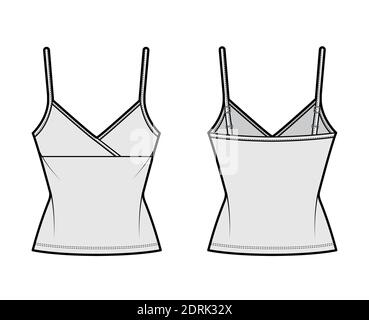 Camisole surplice tank cotton-jersey top technical fashion illustration with empire seam, thin adjustable straps, slim fit. Flat outwear template front, back, grey color. Women men CAD mockup Stock Vector