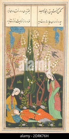 Angels Harut and Marut in Earthly Form, from an unidentified manuscript, ca. 1560, Ink, opaque watercolor, and gold on paper, without mounting: 5 7/8 × 2 15/16 in. (14.9 × 7.5 cm), Mentioned in the Qur’an and in later literature, Harut and Marut were two angels sent to earth in human form to guide people to proper behavior. Eventually, they succumbed to the lust inherent in human nature and were ultimately punished for their sins., Iranian/Persian, Islamic, Safavid dynasty (1501–1722), Paintings Stock Photo