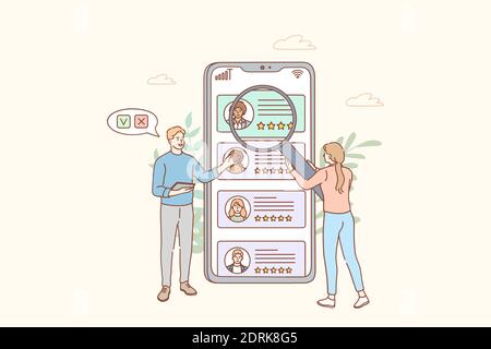 Human resources management, recruitment concept. People looking and choosing candidates for vacancies and company positions online on smartphone appli Stock Vector