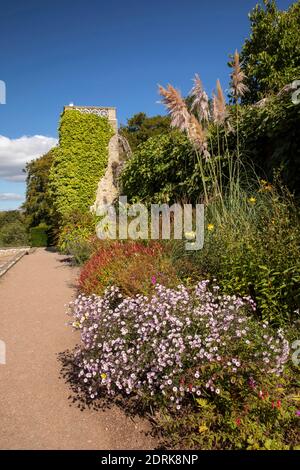 UK, Wales, Cardiff, St Fagans, National Museum of History, castle formal gardens, floral planting on  terrace Stock Photo