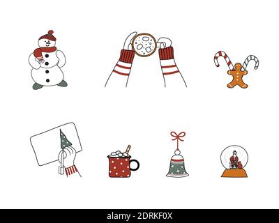 Set of Christmas hand-drawn design elements. Art collection of New Year cute festive things.Lady hands hold cup of coffee, gingerbread man,candy cane Stock Photo