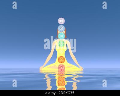 Woman meditation and chakras - 3D render Stock Photo