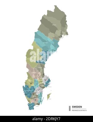 Sweden higt detailed map with subdivisions. Administrative map of Sweden with districts and cities name, colored by states and administrative district Stock Vector
