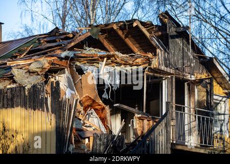 Torn attic of a burned residential building in Järvenpää, Finland Stock Photo