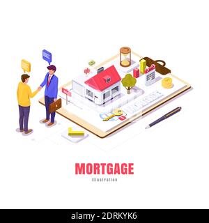 A mortgage in isometric, young guy negotiates a mortgage house with a realtor, vector illustration Stock Vector