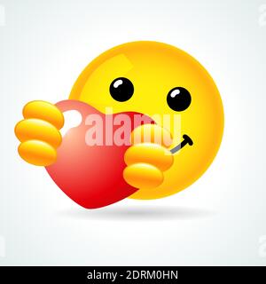 Emoji smile hugging a red heart. Yellow 3D smiling face and red heart. Vector illustration love emoticon for valentines day Stock Vector