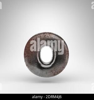 Letter O lowercase on white background. Rusty metal 3D rendered font with oxidized texture. Stock Photo