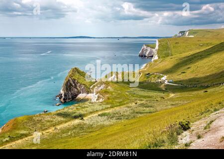 Dorset coastline on the path between Lulworth cove and Durdle Door. Stock Photo