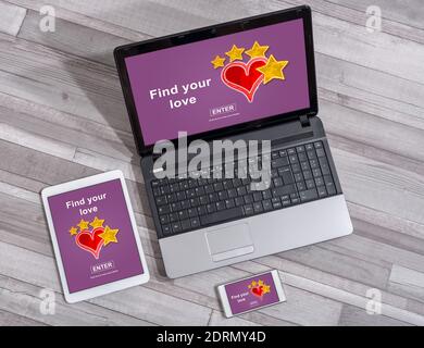 Online dating concept shown on different information technology devices Stock Photo