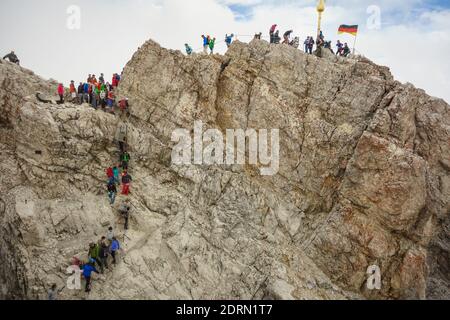 The Zugspitze highest peak of the Wetterstein Mountains, & highest mountain in Germany. Lies south of the town of Garmisch-Partenkirchen. Stock Photo