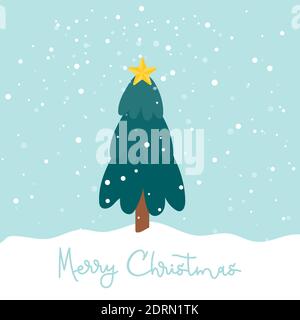 Merry Christmas. Christmas tree with star in snowfall. Outdoors. Vector illustration, flat design Stock Vector