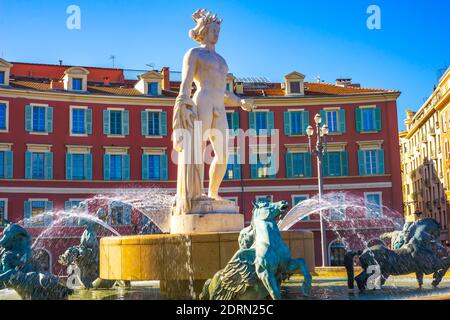 Detail of Apollo statue at Fountain of the Sun on the Place Massena in Nice, France. Statue was made  by artist Alfred Auguste Janniot at 1956. Stock Photo