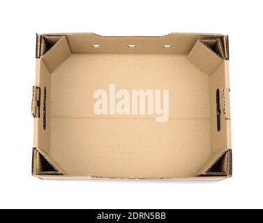 rectangular empty cardboard box of brown paper on a white background, box without a lid for vegetables and fruits in with holes Stock Photo