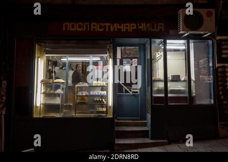 BELGRADE, SERBIA - DECEMBER 1, 2018: Vintage old typical pastry shop in the center of belgrade, called poslasticarnica, selling traditional pastries a Stock Photo