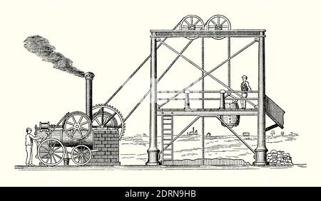 An old engraving of men operating winding gear at a mine being powered by a steam locomotive in the 1800s. It is from a Victorian book of the 1880s. This illustration is unusual as most winding engines were stationary ones. A tub is lifted from a mine shaft and a coal pile is seen right. Winding gear was used to control a cable or rope, usually to power a mining hoist at a pit head. Early winding engines were hand or horse powered. The demand for winding engines was one reason that led James Watt to develop his rotative beam engine, which turned a winding drum, could stop often and reverse.