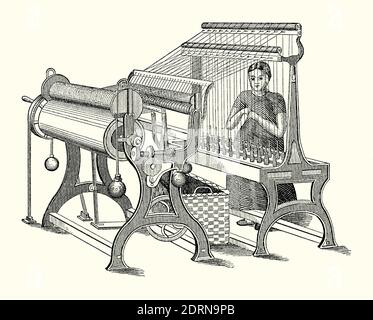 An old engraving of a woman working at a yarn spooler machine in a textile  mill the 1800s. It is from a Victorian mechanical engineering book of the  1880s. This powered machine