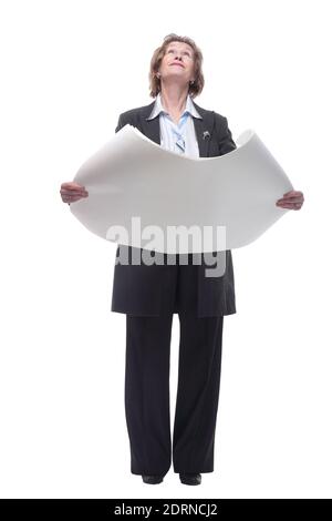 Full length of an senior woman architect standing with open blueprints isolated over white background Stock Photo