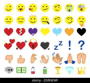 New yellow vector cartoon emoticons comment icons. Chat comment icon reactions template: smile, sad, like, love, care, face tear, loll, wow or angry Stock Vector