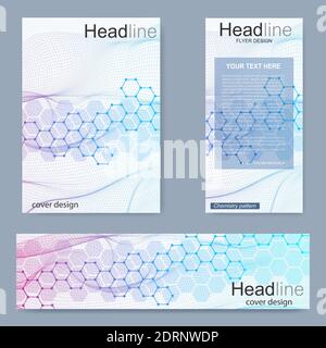 Set flyer, brochure size A4 template,banner. Molecular structure with connected lines and dots. Scientific pattern atom DNA with elements for magazine Stock Vector