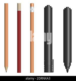 Set of different text markers and pencils, with and without a cup. Isolated on white background, vector illustration. Stock Vector