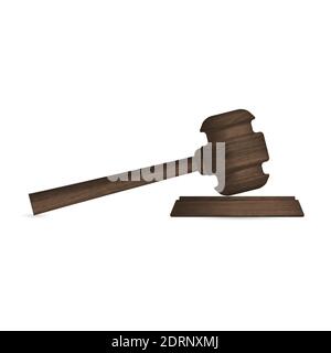 Gavel icon, isolated wooden hammer of judge and stand. Front view, vector illustration. Stock Vector