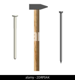 Hammer and nails isolated on white background. Elements design of the working tool and fasteners. Front view, vector illustration. Stock Vector