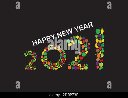 vector illustration of happy new year 2021 poster design using colorful different fruits Stock Vector