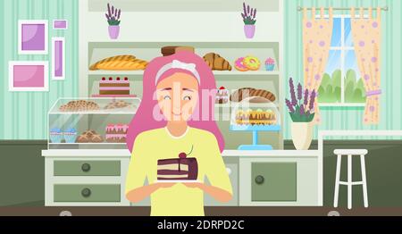 Bakery shop vector illustration. Cartoon happy chef baker woman character holding piece of chocolate cake, young, girl standing behind counter with sweet dessert pastry, cookies and muffins background Stock Vector