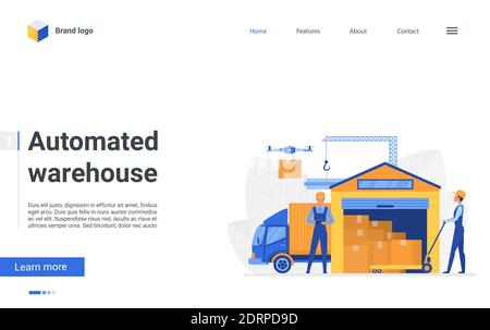 Cartoon automated warehouse landing page, warehousing business delivery company, worker characters packaging containers on truck in storehouse, loading boxes. Warehouse service vector illustration Stock Vector